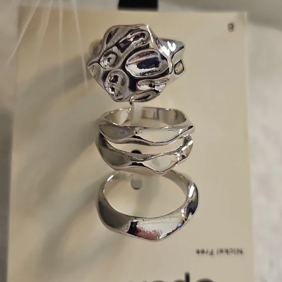 NWT Open Edit Set Of 3 Molten Rhodiun Rings Size 8 Silver - Picture 10 of 12